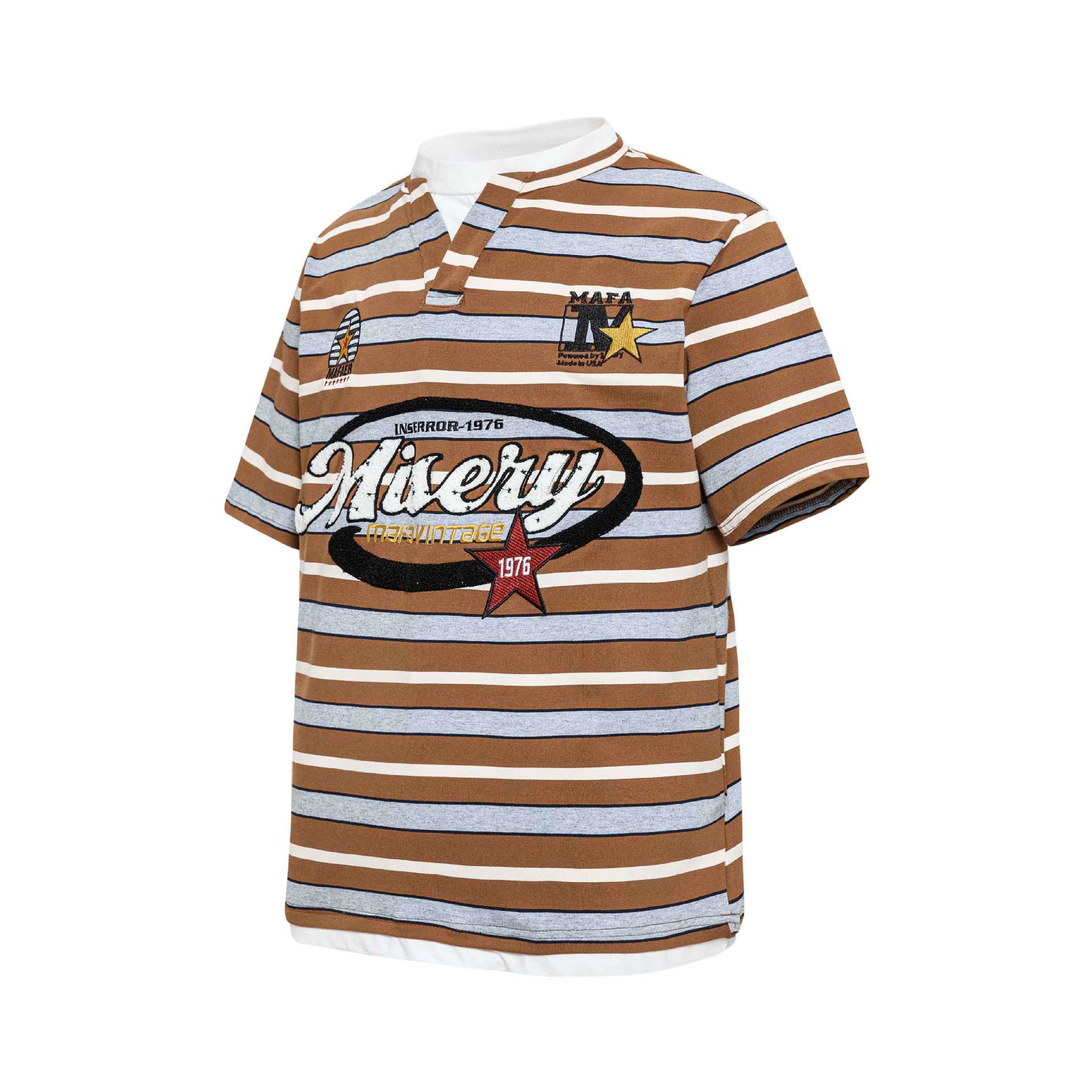 Brown Floral Embroidered Round Neck Short Sleeve Shirt
