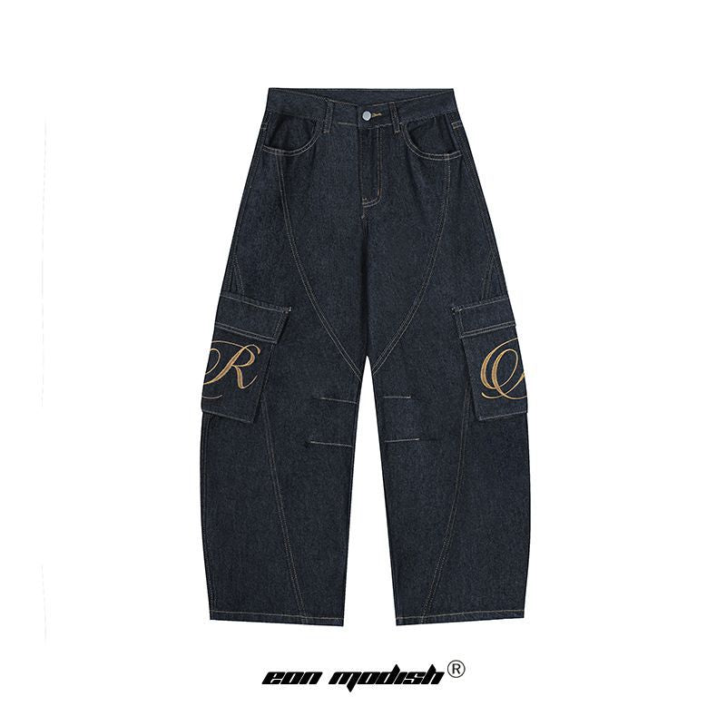 Street Style Denim Workwear Long Pants in Blue for Autumn