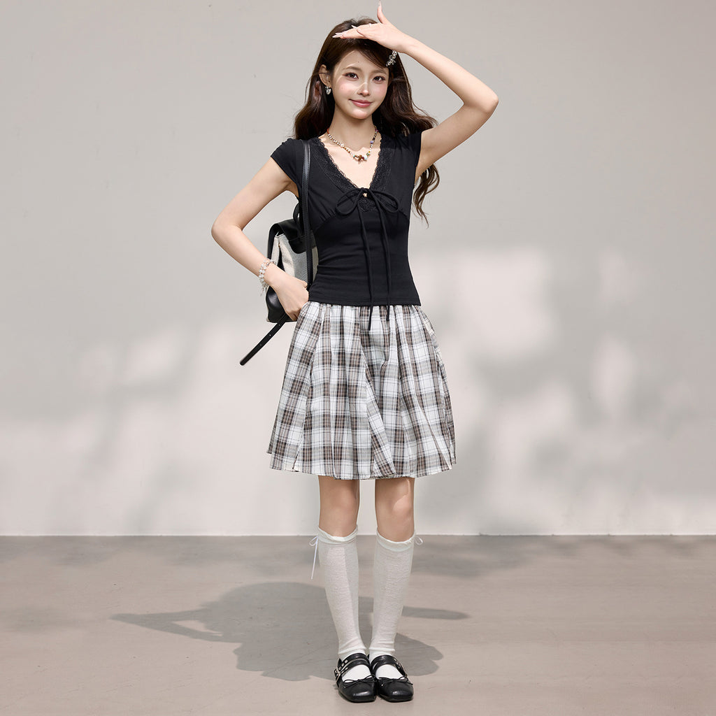 V Neck Black Lace Bow Spliced Short Sleeve T Shirt For Women