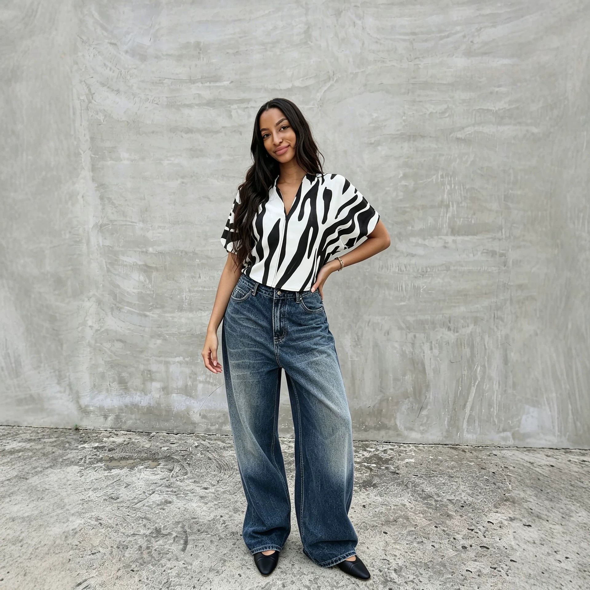 Street Style Patchwork Star Embroidered Distressed Straight Leg Jeans Blue