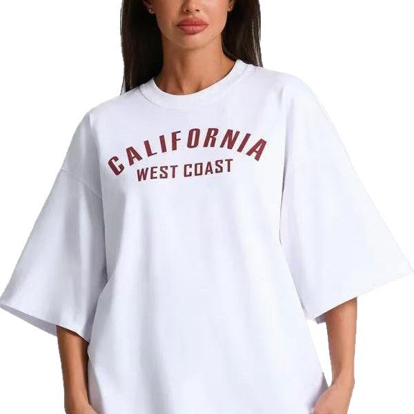 Letter Pattern Loose Fit Short Sleeve T Shirt For Women Cotton White