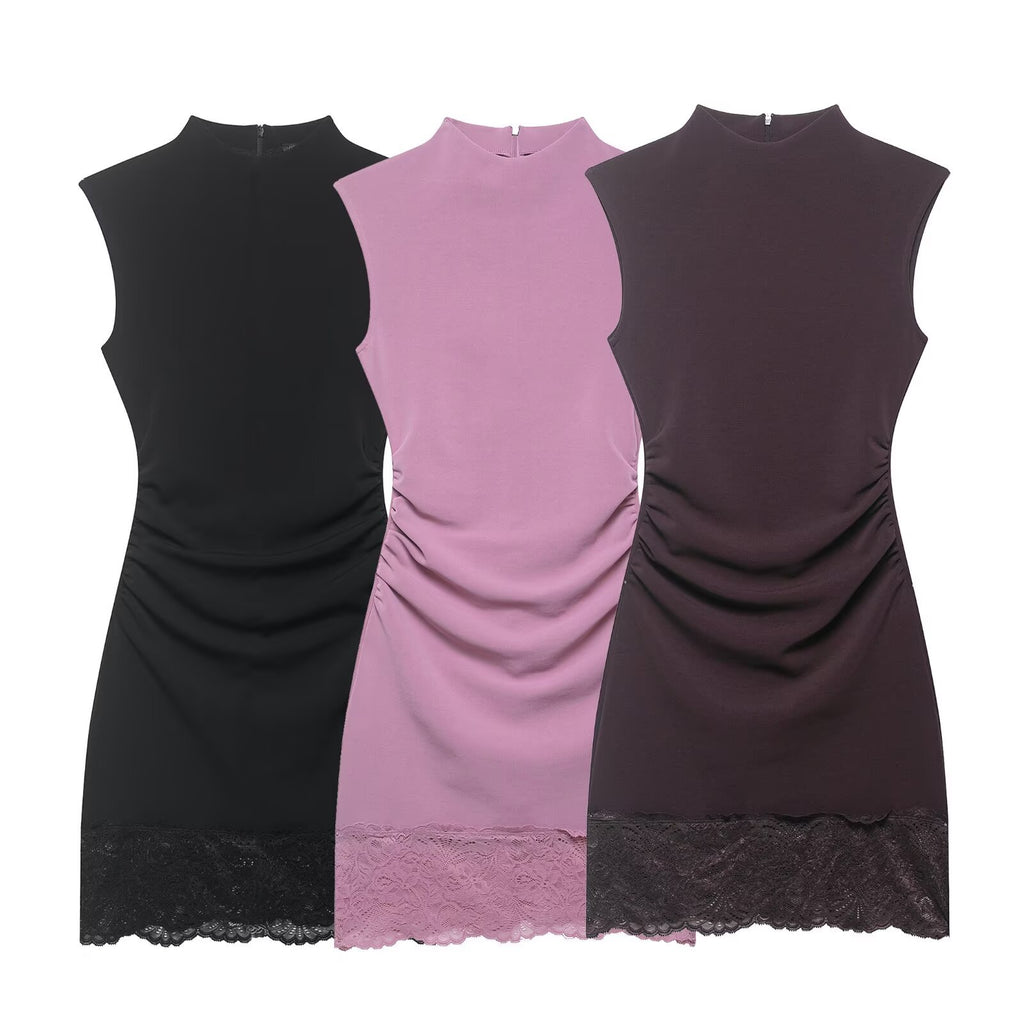 Commuting Style Elastic Lace Short Dress Sleeveless Stand Collar Casual