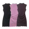 Commuting Style Elastic Lace Short Dress Sleeveless Stand Collar Casual