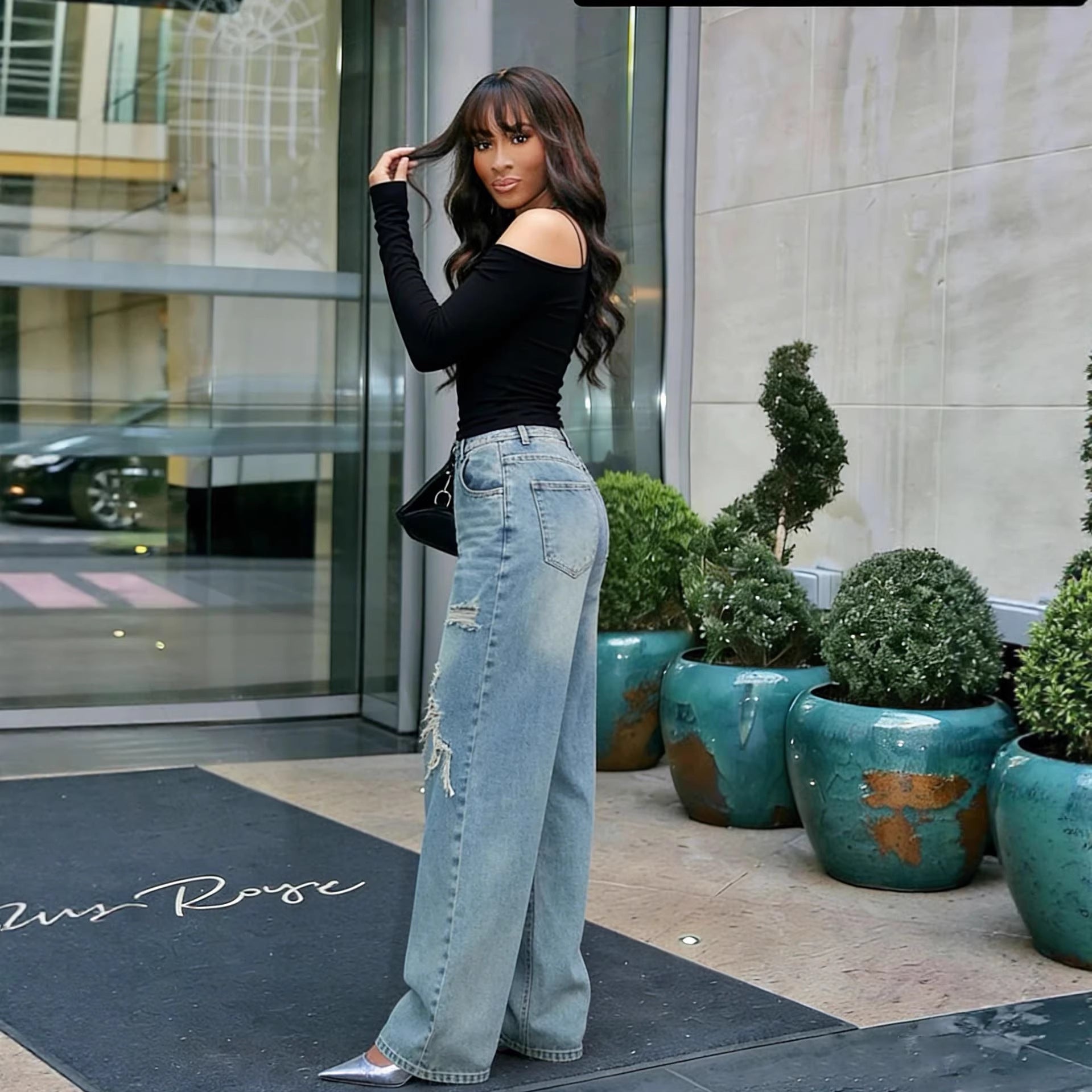 Layered Patchwork Ripped Straight Leg Denim Jeans Street Style