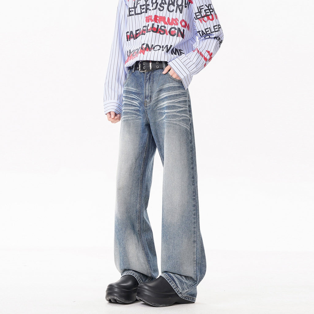 Retro Cat Paw Print Washed Denim Pants With Straight Leg
