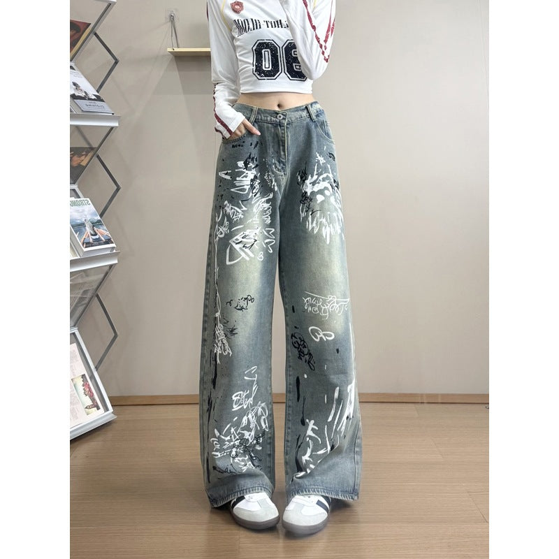 Doodle Splatter Denim Pants for Men with Retro Graffiti Embroidery