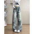 Doodle Splatter Denim Pants for Men with Retro Graffiti Embroidery