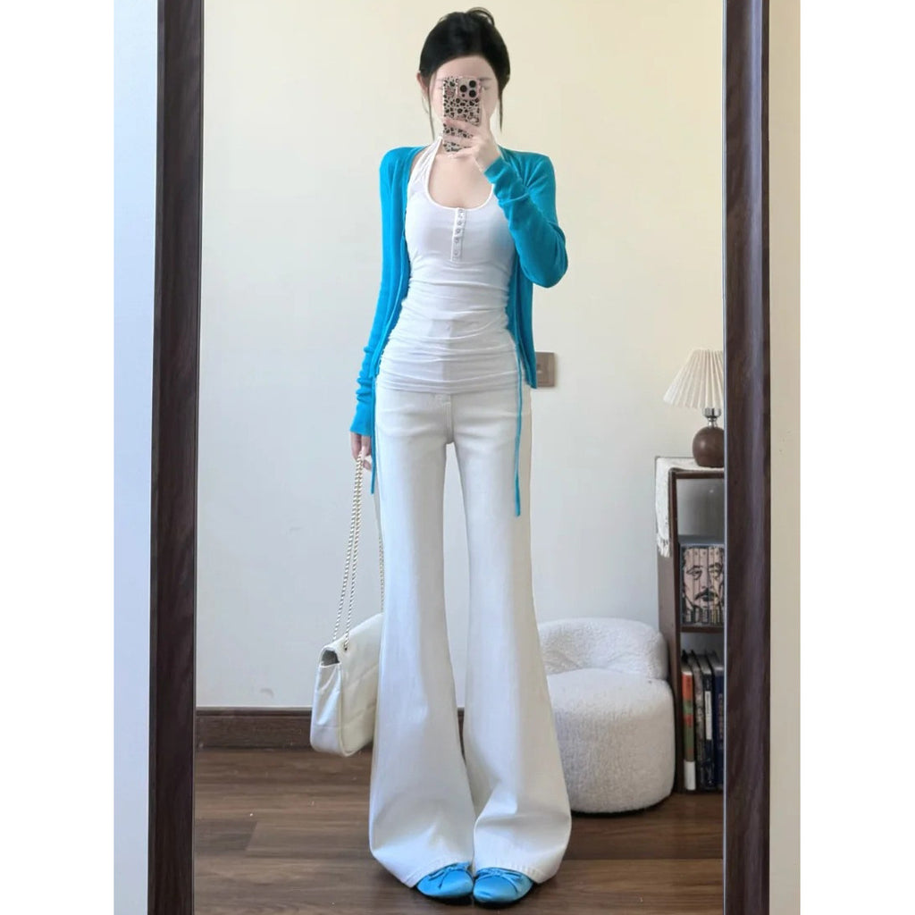 Lightweight Tie Neck V Neck Knit Cardigan For Women Blue Short Length