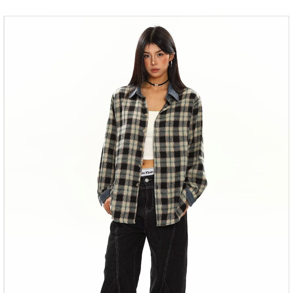 Unisex Loose Fit Plaid Shirt With Flip Collar Long Sleeve Button Closure