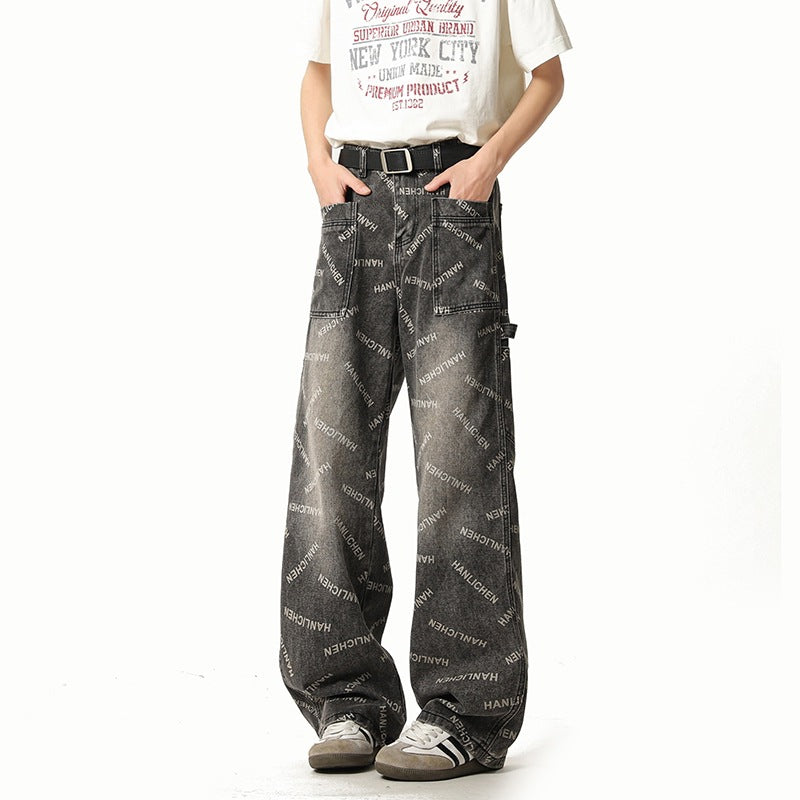 Men's Straight Leg Denim Pants With Retro Print Loose Fit