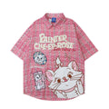 Mary Cat Printed Short Sleeve Cotton Shirt Pink Loose Fit Turn Down Collar