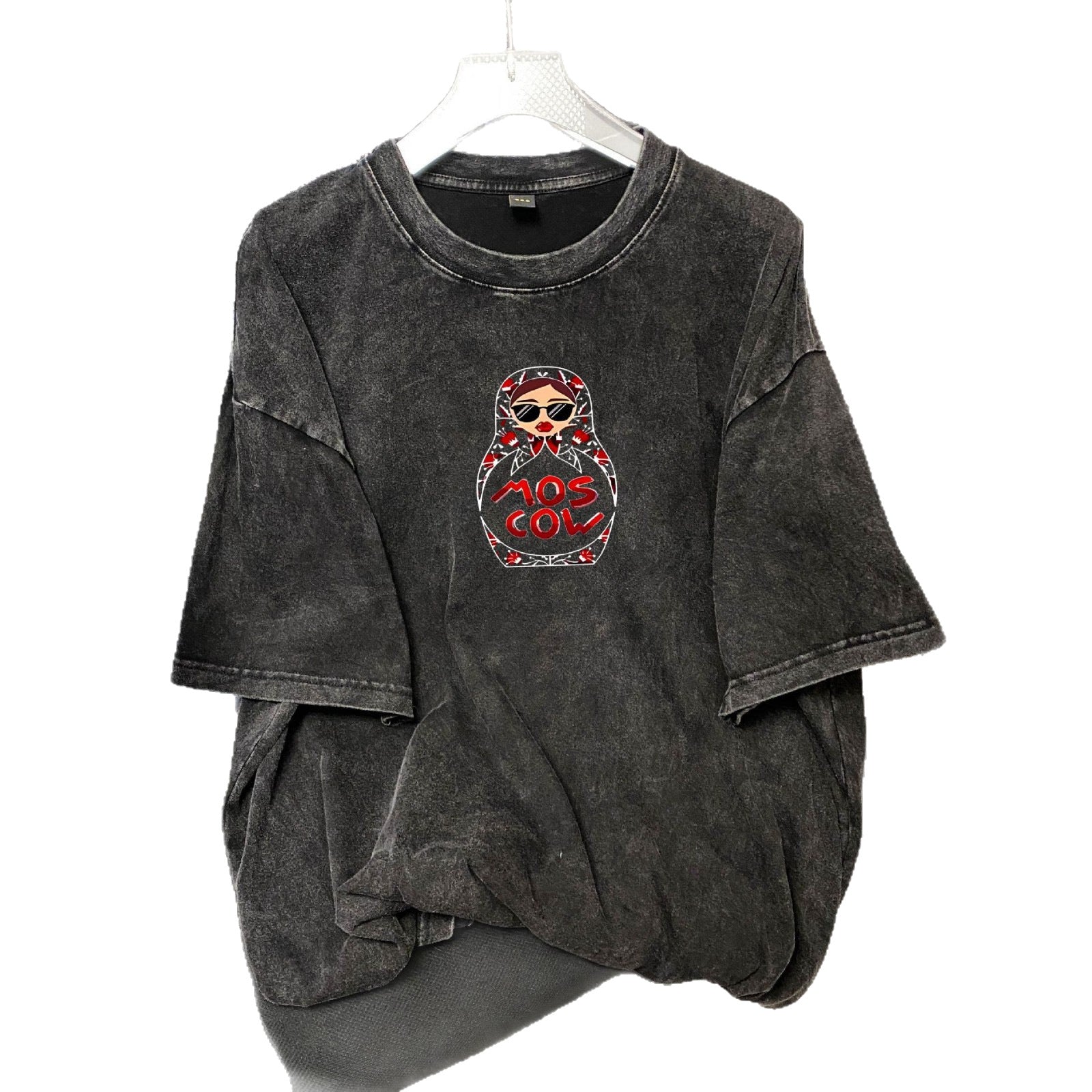 Washed Black Printed Round Neck Short Sleeve Cotton Shirt Japanese Korean Casual