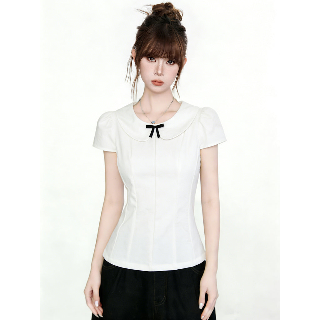Spicy Style Bow Peter Pan Collar Tee For Women Short Sleeve