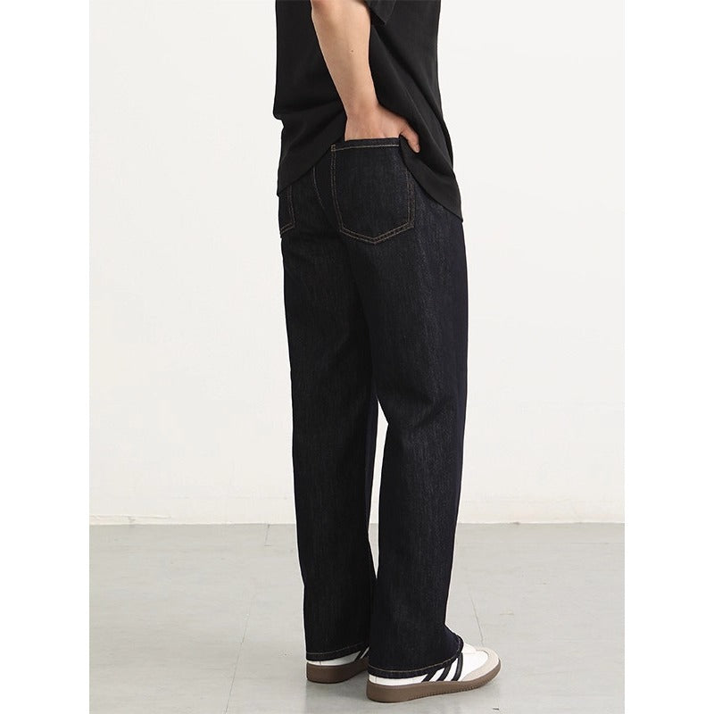 Relaxed Fit Denim Pants For Men Black With Visible Stitching Straight Leg