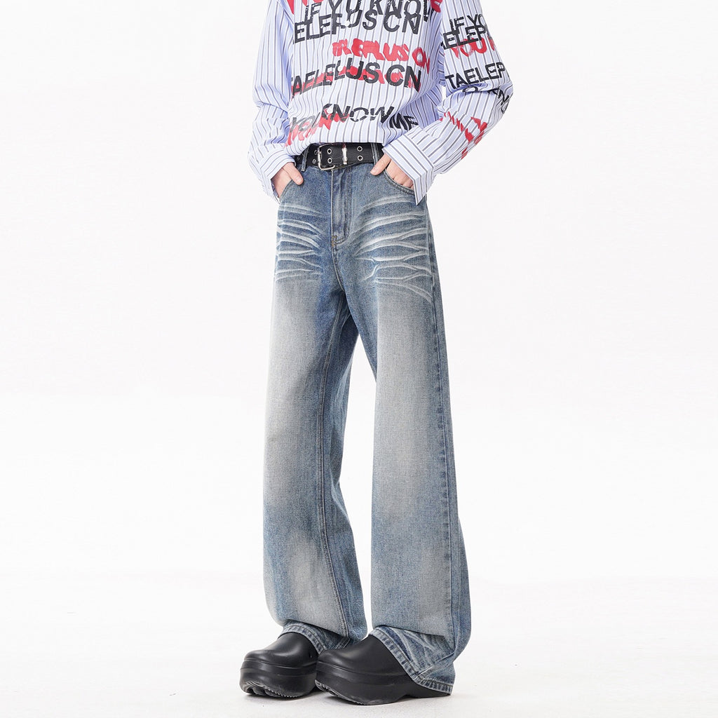 Retro Cat Paw Print Washed Denim Pants With Straight Leg