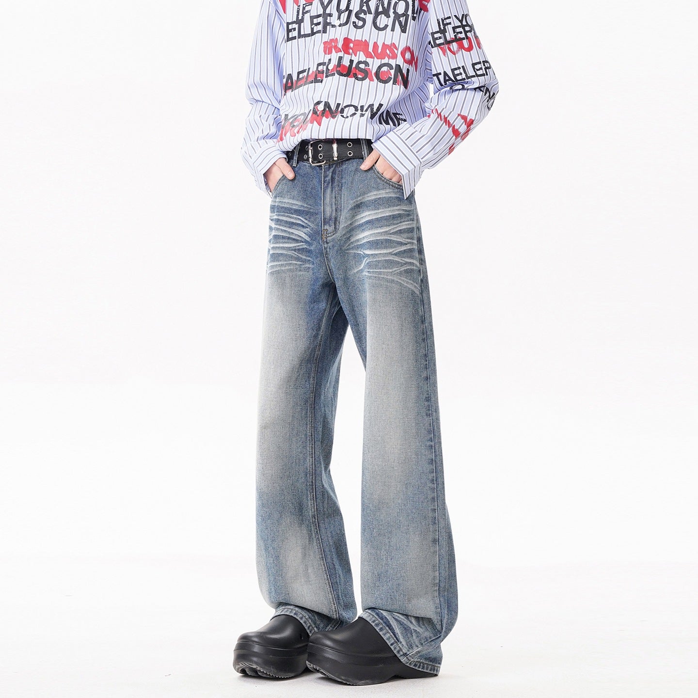 Retro Cat Paw Print Washed Denim Pants With Straight Leg