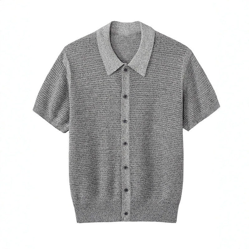 Mens Classic Knit Short Sleeve Shirt Hong Kong Style Dark Gray Loose Fit