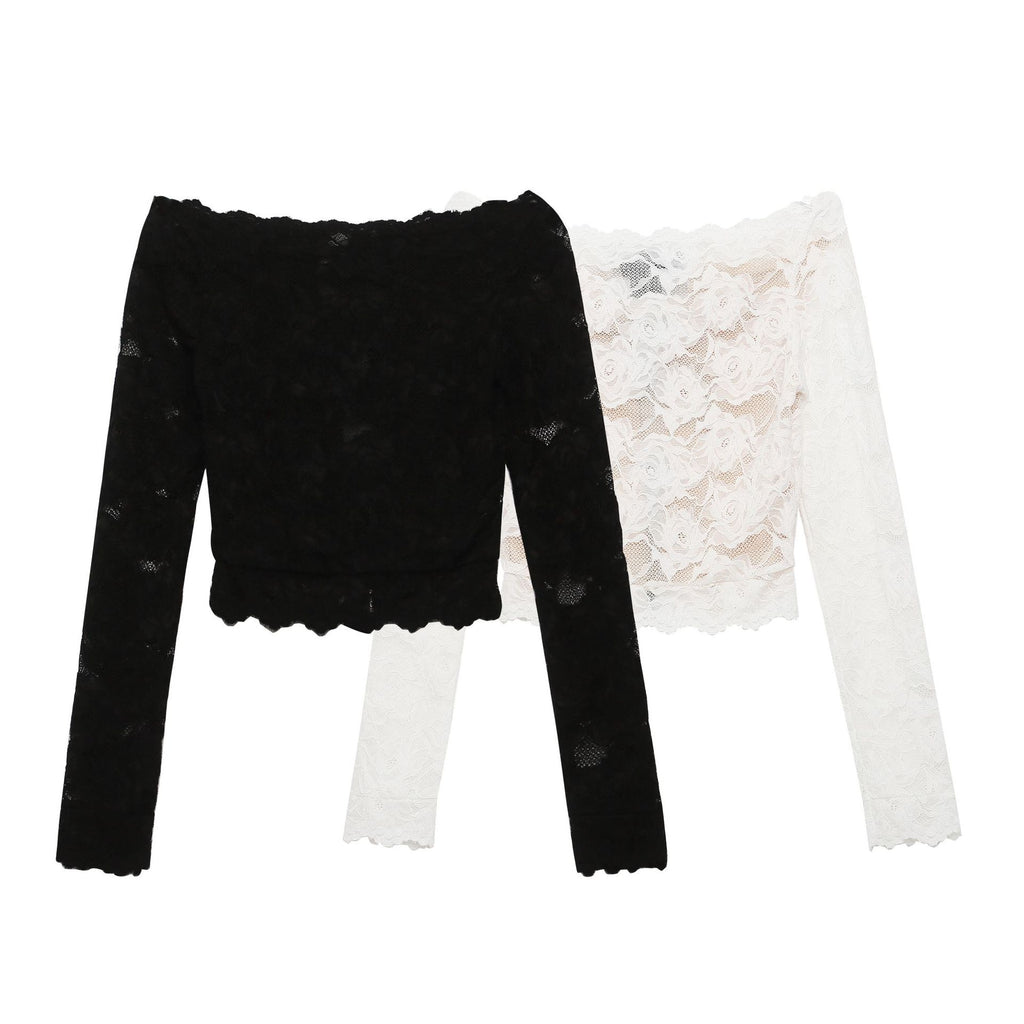 One Shoulder Lace Crop Top Rose Pattern Short Sleeve Waist Bearing Spicy Style