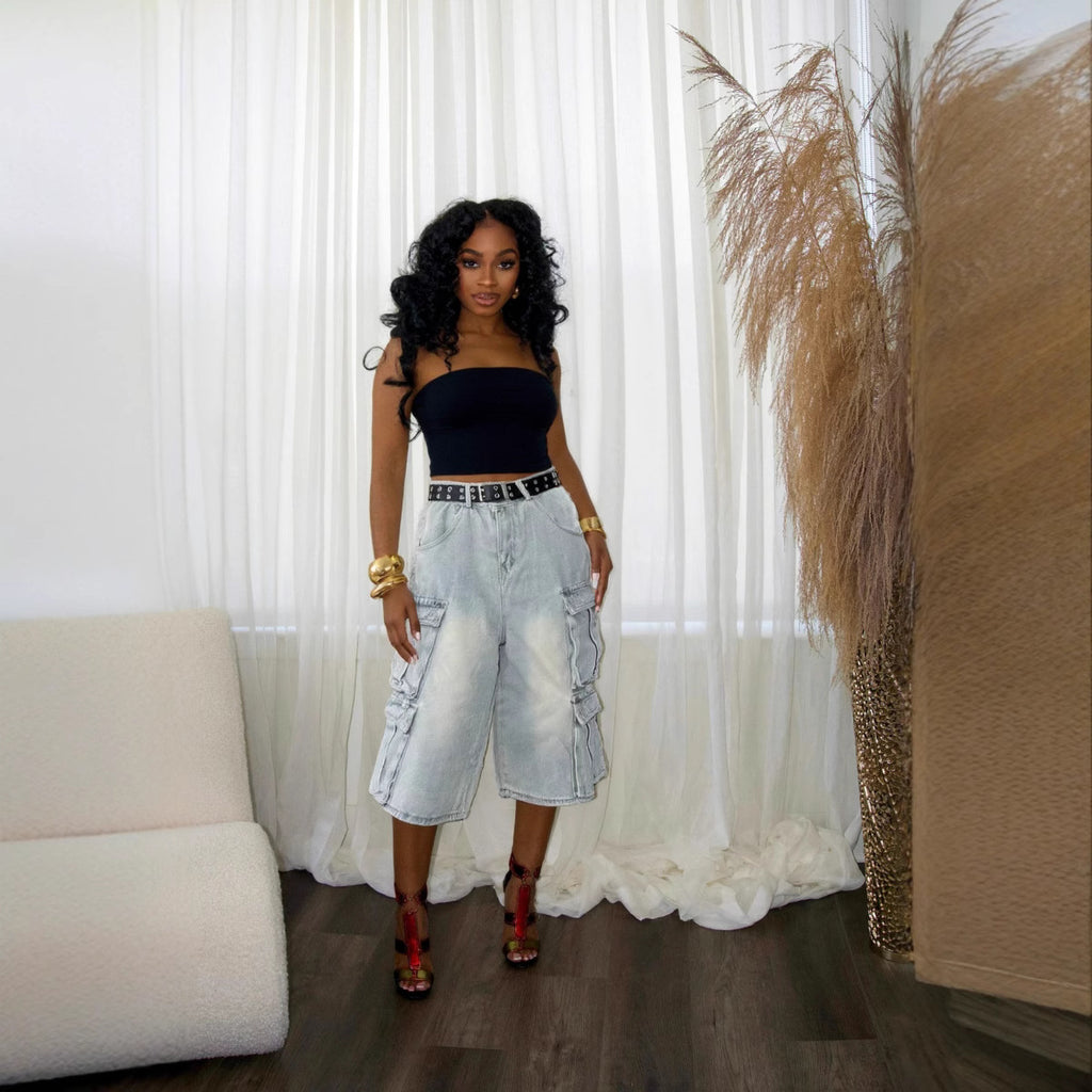 Street Style Washed Distressed Denim Shorts With Multiple Pockets