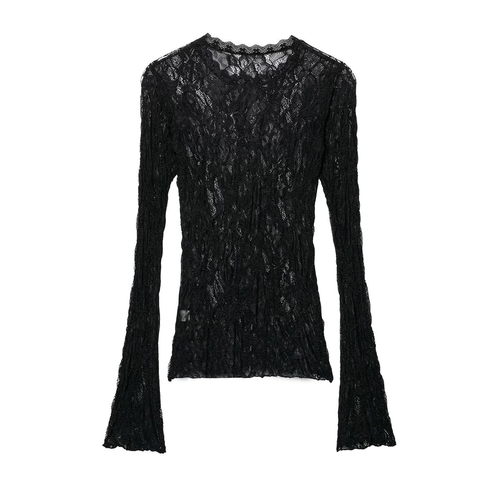 Slim Fit Lace Long Sleeve Top for Women Black Round Neck