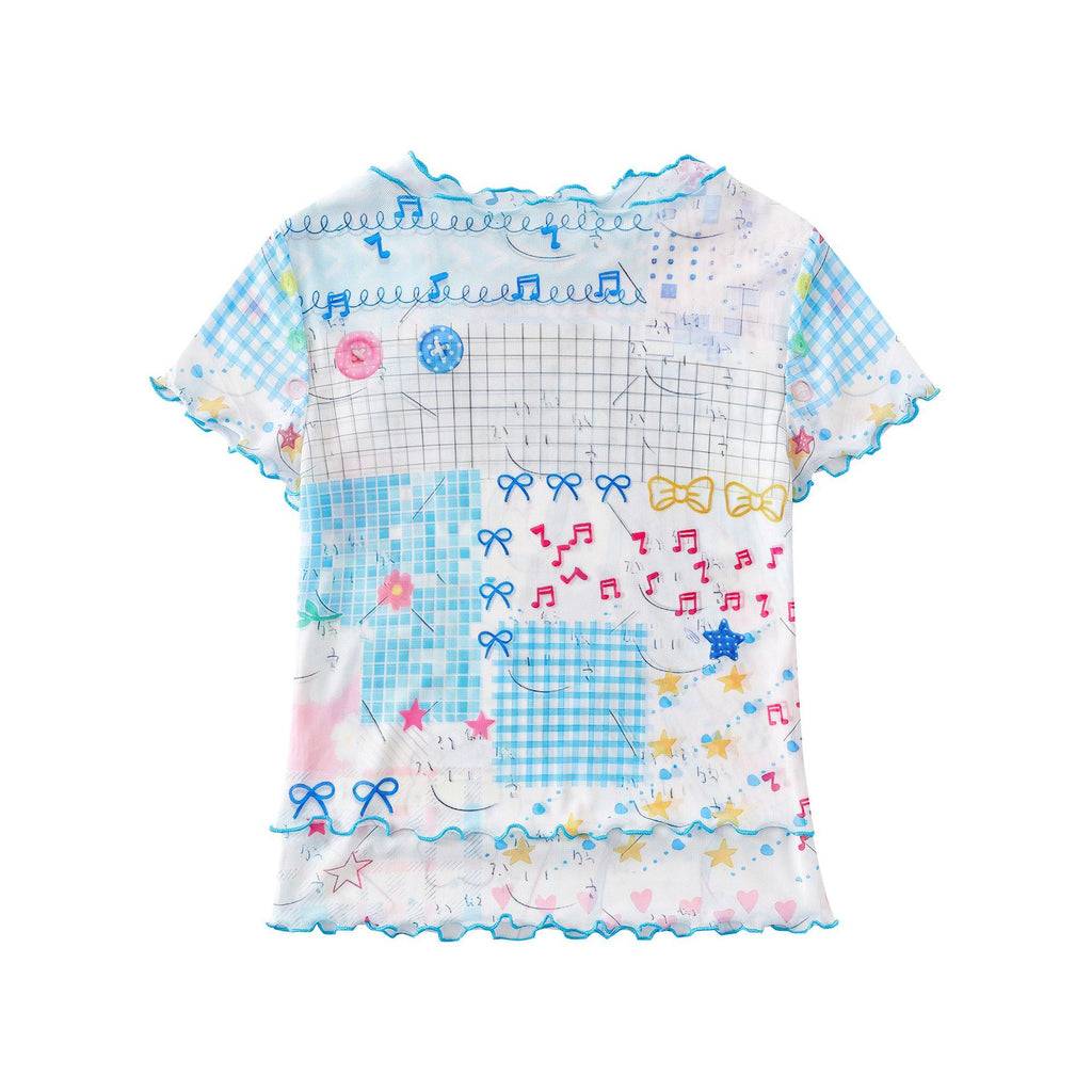 Cartoon Graffiti Mesh T Shirt Color Block Plaid Ruffle Bodysuit