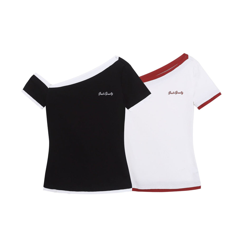 One Shoulder Color Block Top Faux Two Piece Slim Fit Revealing Shoulder Tee