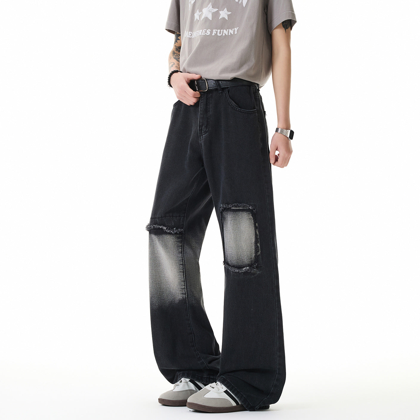 Street Style Ripped Jeans for Men in Light Gray and Charcoal Black