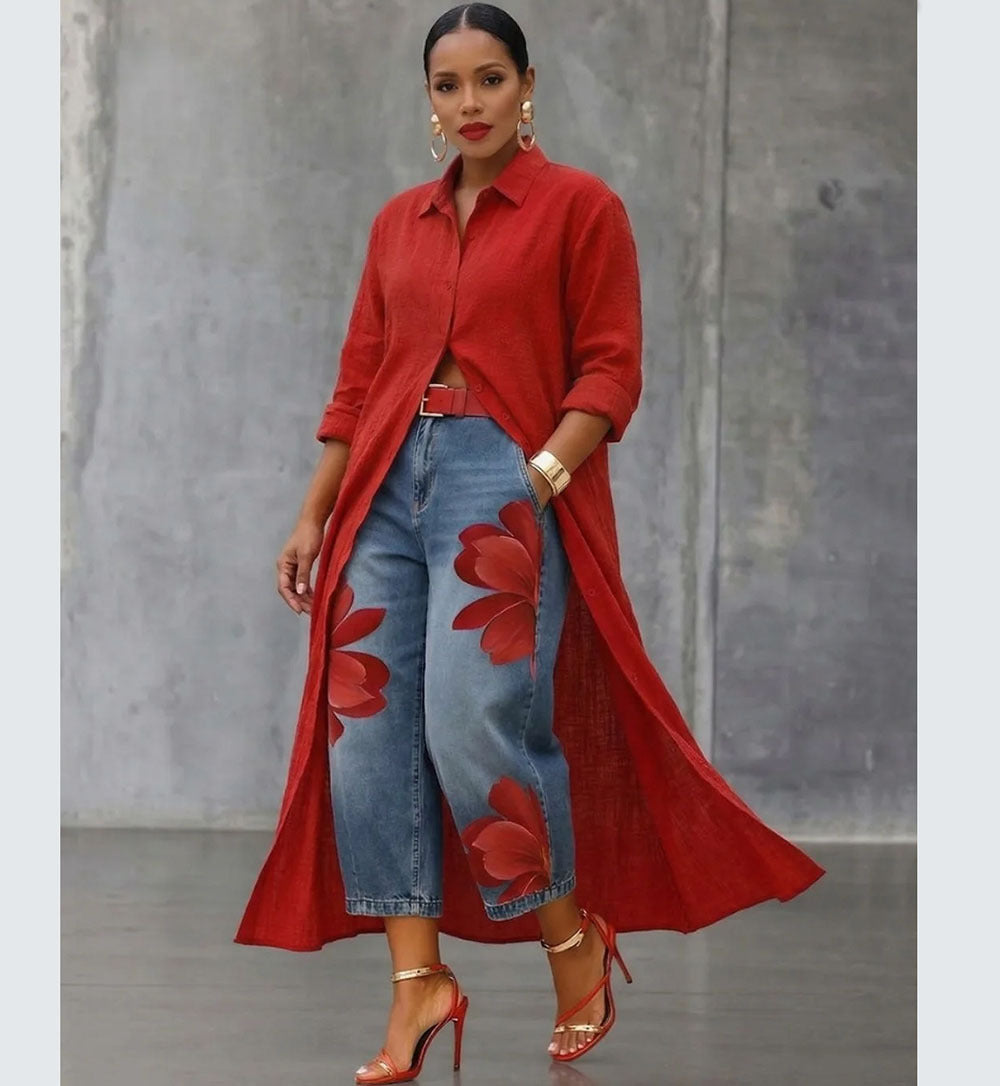 Floral Denim Cropped Jeans for Women High Waist Street Style Printed