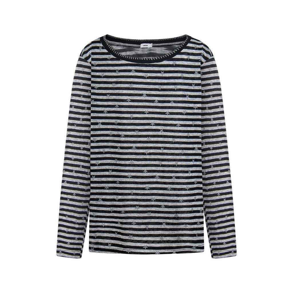 Color Blocked Stripe Long Sleeve Top Cotton Lyocell Blend Anime Cartoon Pattern