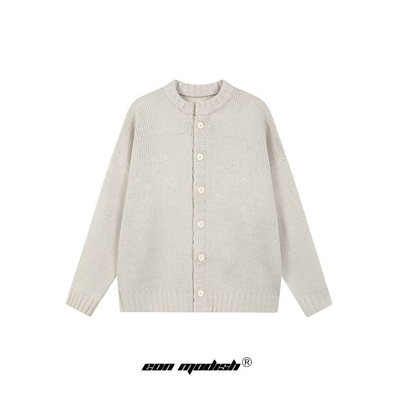 Street Style Versatile Knit Cardigan Light Gray Round Neck Long Sleeve