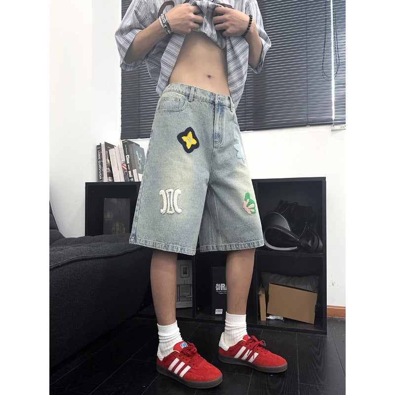 Floral Embroidery Denim Shorts for Men Vintage Black Blue