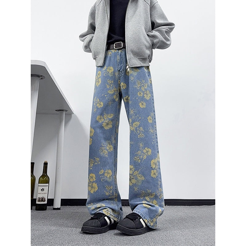 Men Floral Print Blue Denim Pants Wide Leg Retro Style