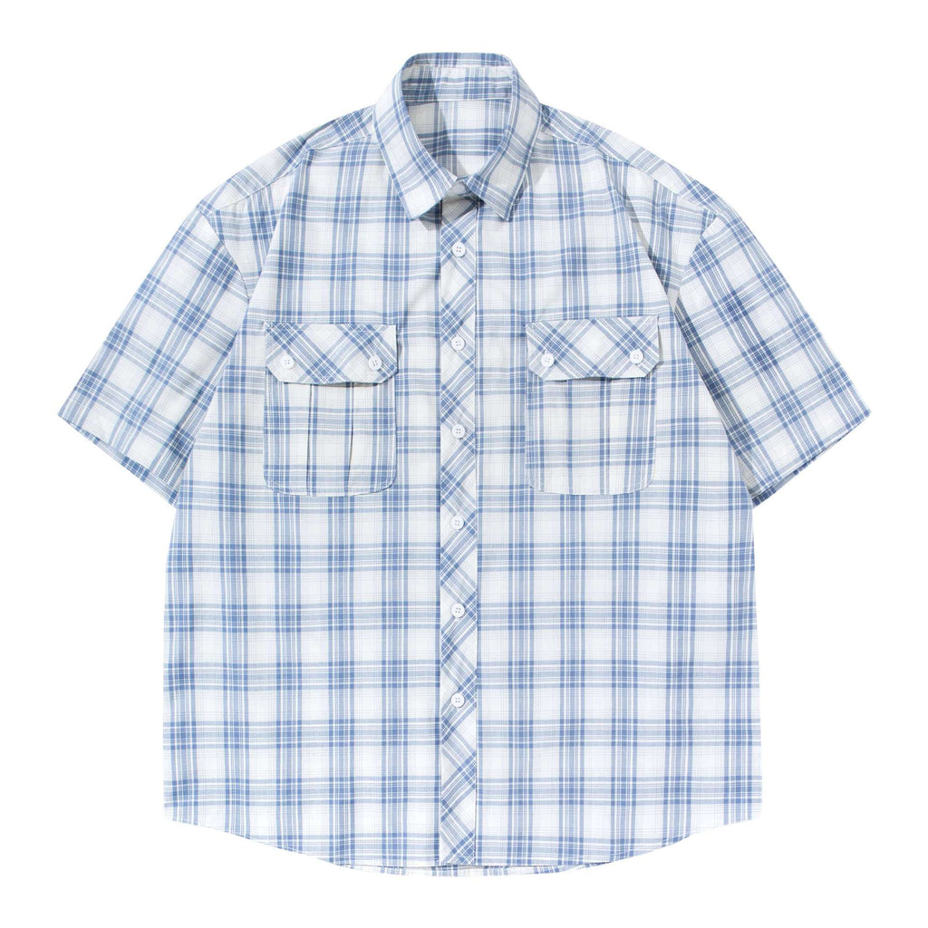 Double Pocket Plaid Shirt T Shirt Loose Fit Cotton With Turn Down Collar