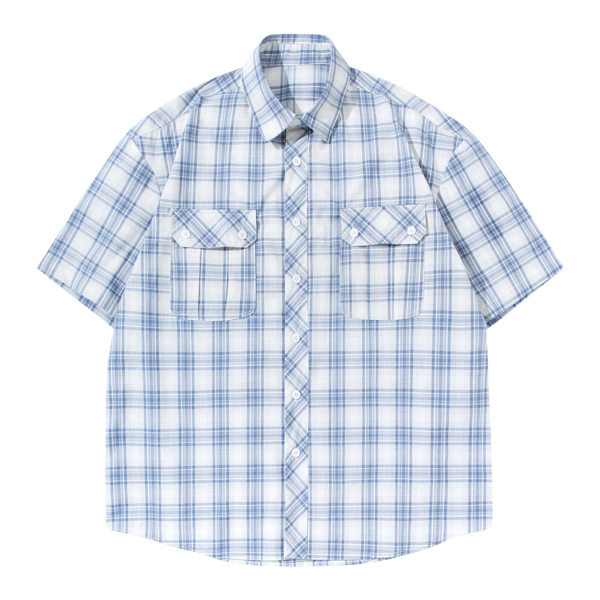 Double Pocket Plaid Shirt T Shirt Loose Fit Cotton With Turn Down Collar