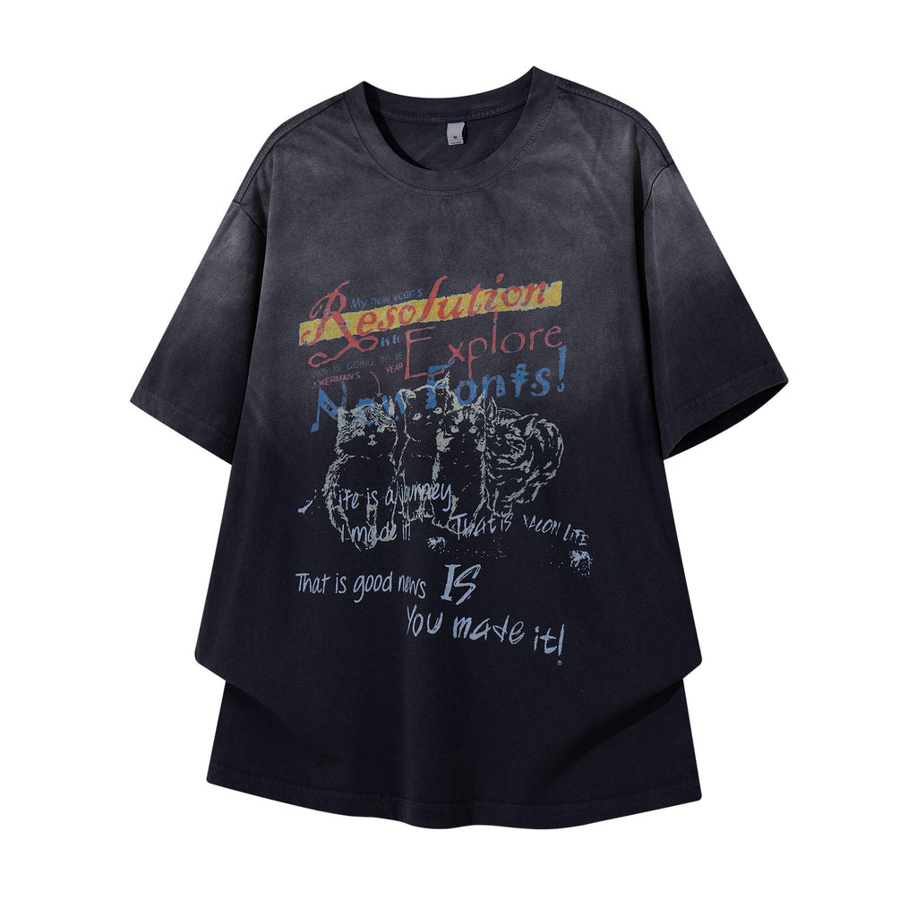 Vintage Cat Print Short Sleeve Tee For Men Floral Cotton Blend Casual