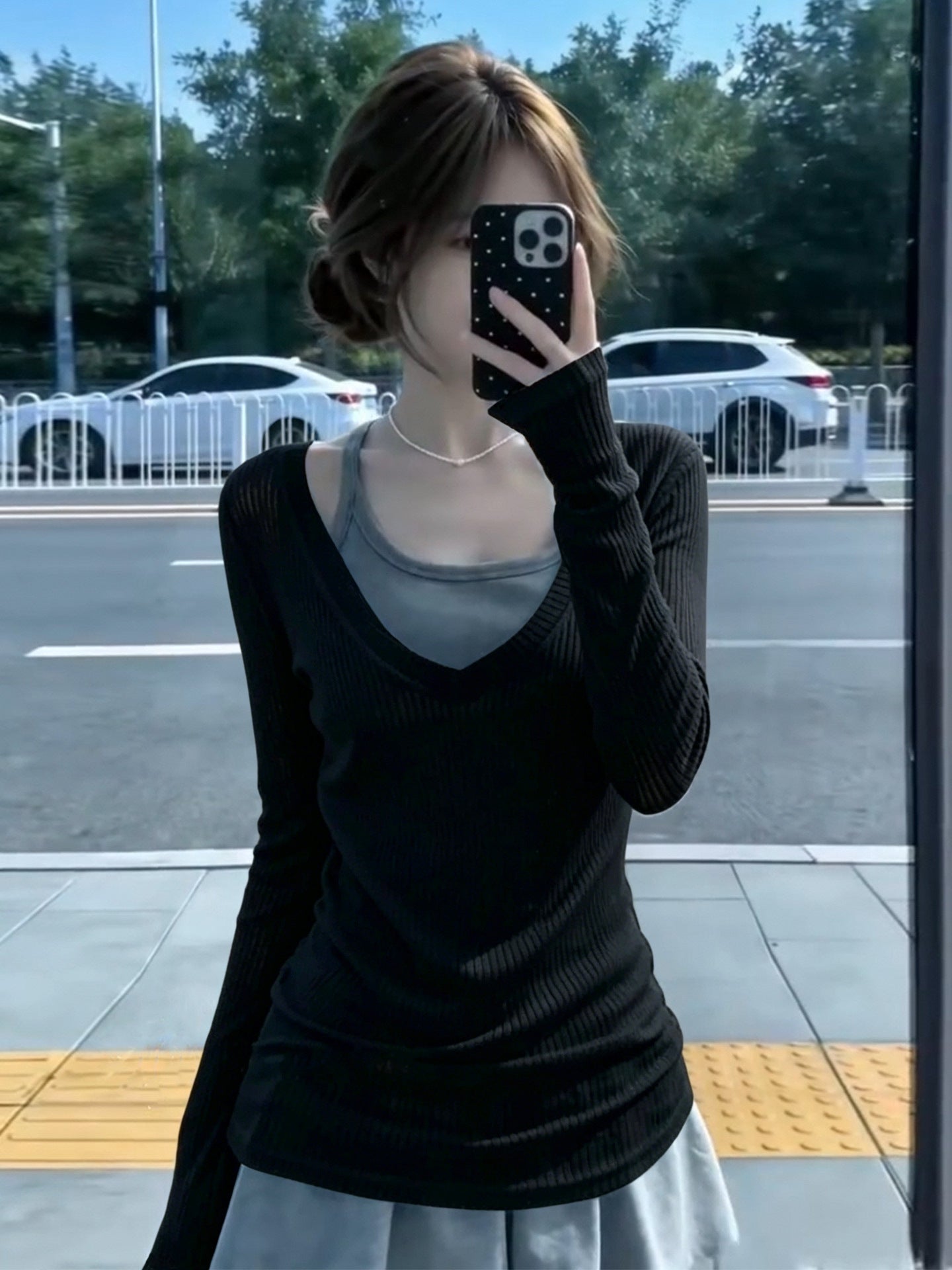 V Neck Knit Top Women Long Sleeve Pullover Solid Color Casual Style