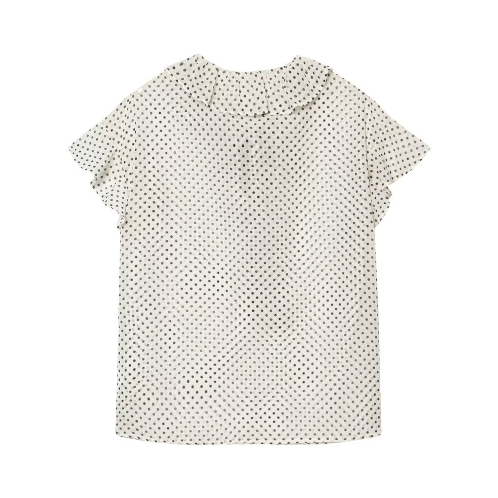 Polka Dot Bow Embellished Lace Collar Sleeveless Shirt for Women