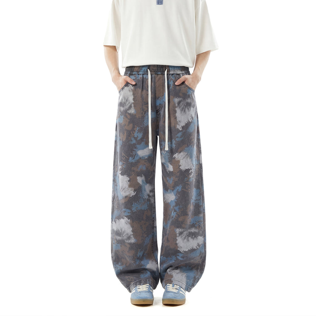 Lyocell Ice Silk Jeans With Patterned Drawstring Waist Straight Leg Loose Fit