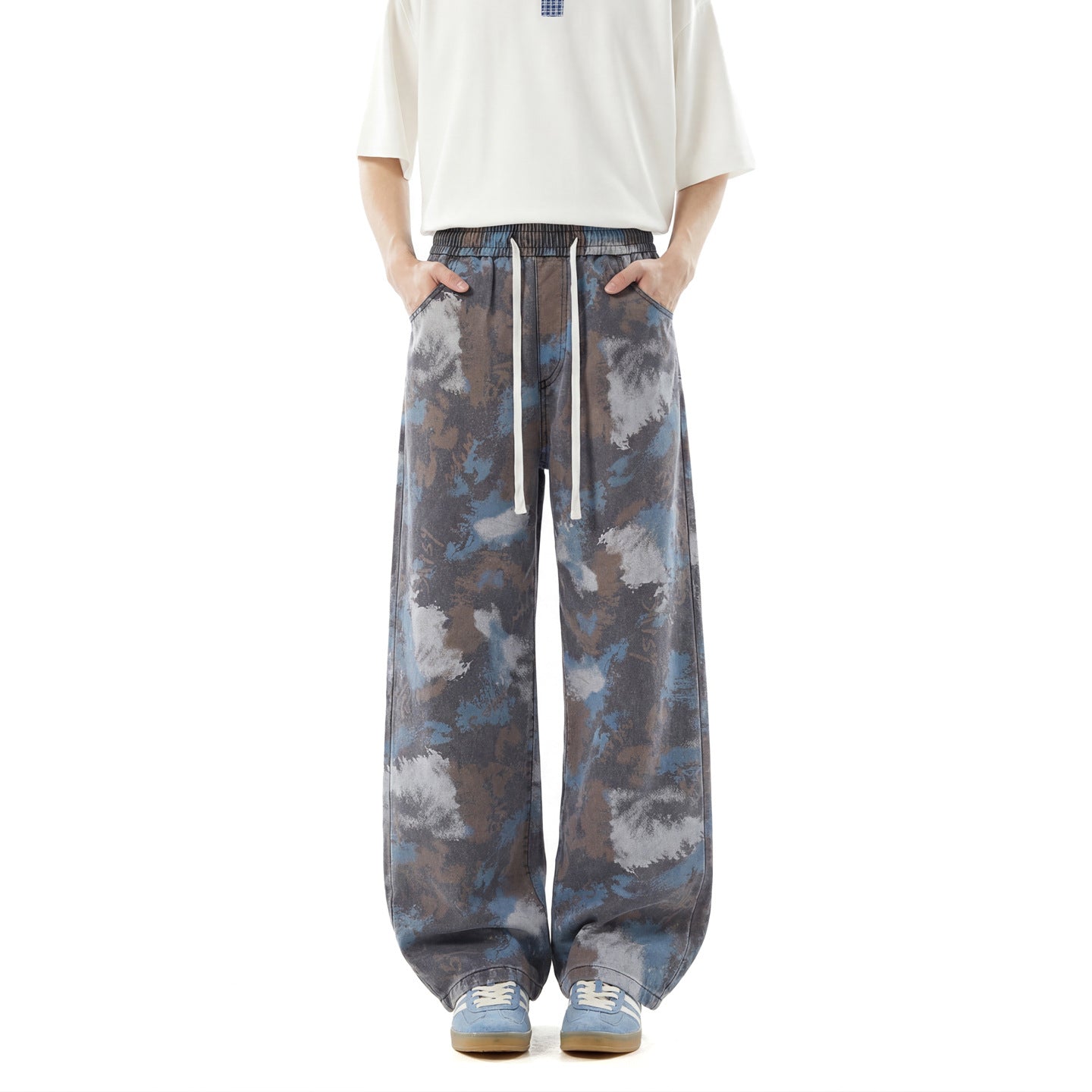 Lyocell Ice Silk Jeans With Patterned Drawstring Waist Straight Leg Loose Fit