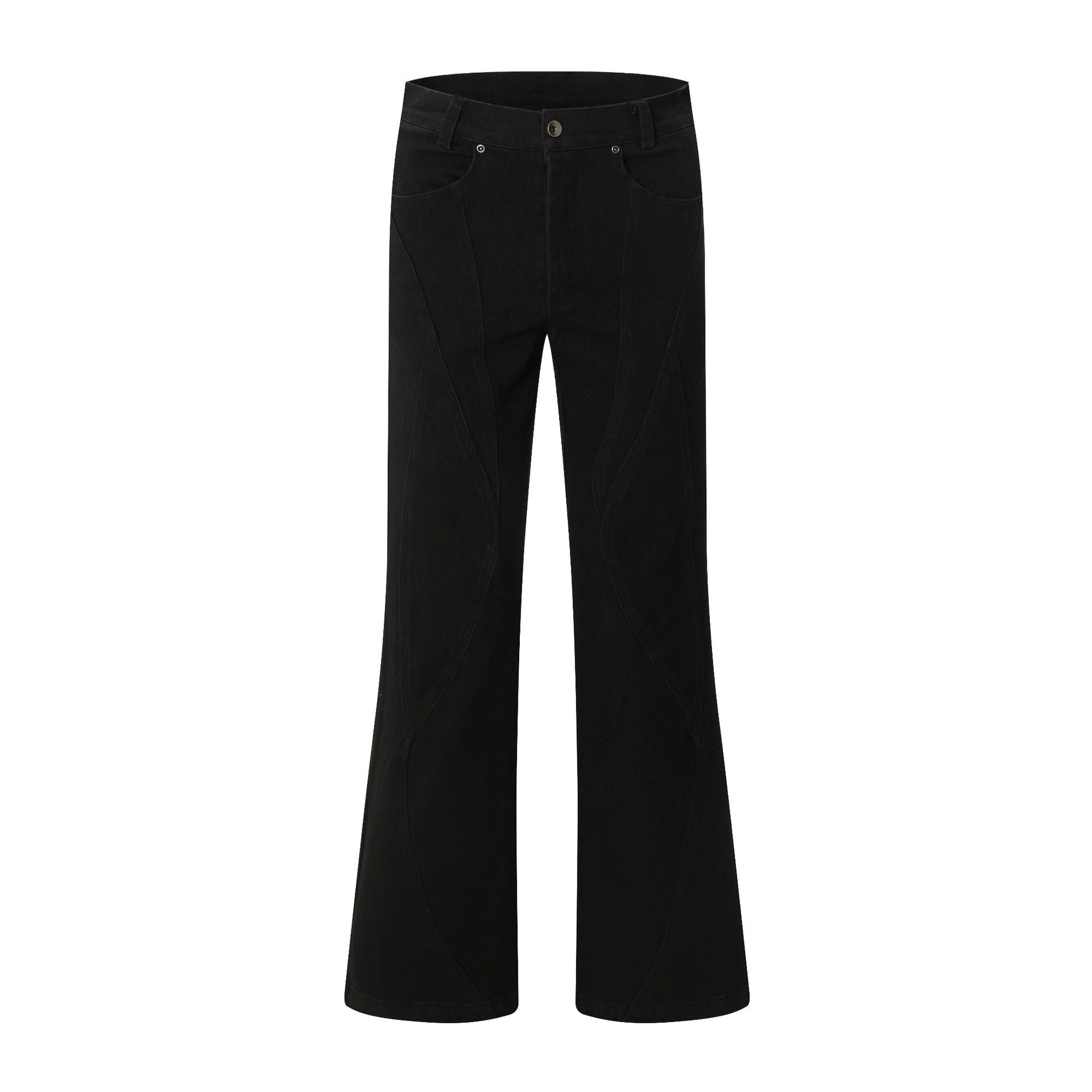 Street Style Black Cotton Flared Denim Trousers With Mid Waist Zip Fly