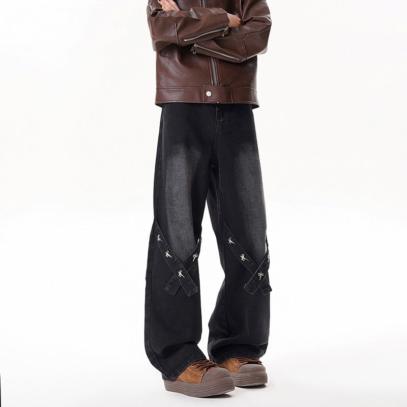 Relaxed Straight Leg Cotton Denim Jeans For Men Long Pants
