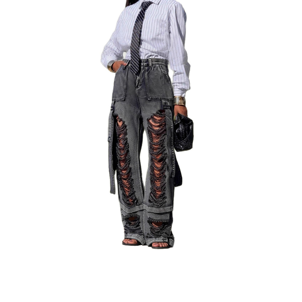 Black Ripped Tie Detail Cargo Denim Jeans Street Style