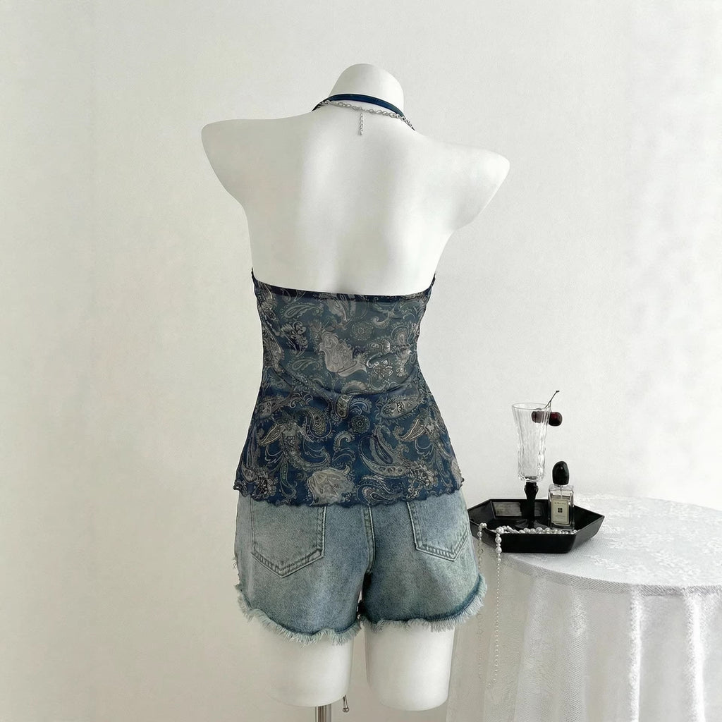 Navy Blue Floral V Neck Sleeveless Top With Straps For Street Fashion