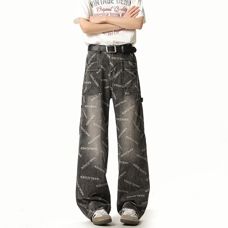 Men's Straight Leg Denim Pants With Retro Print Loose Fit