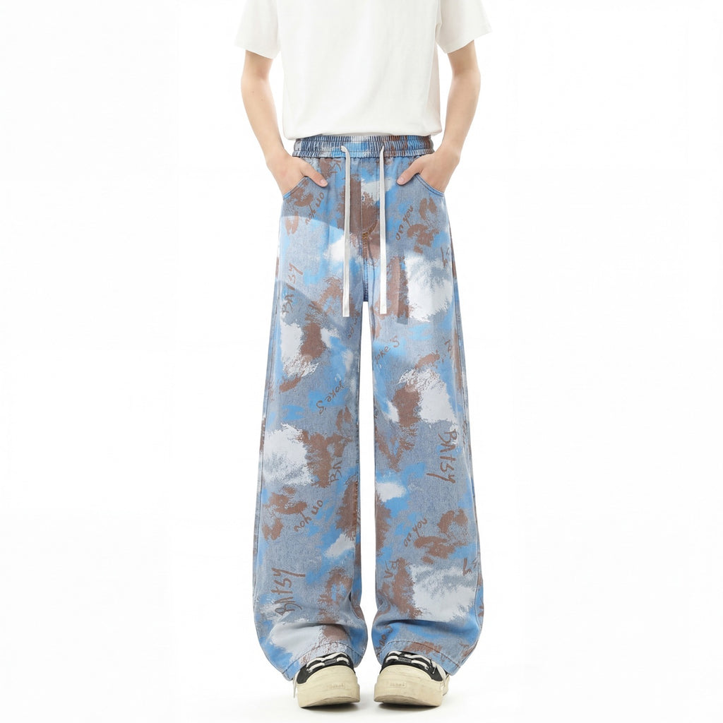 Lyocell Ice Silk Jeans With Patterned Drawstring Waist Straight Leg Loose Fit