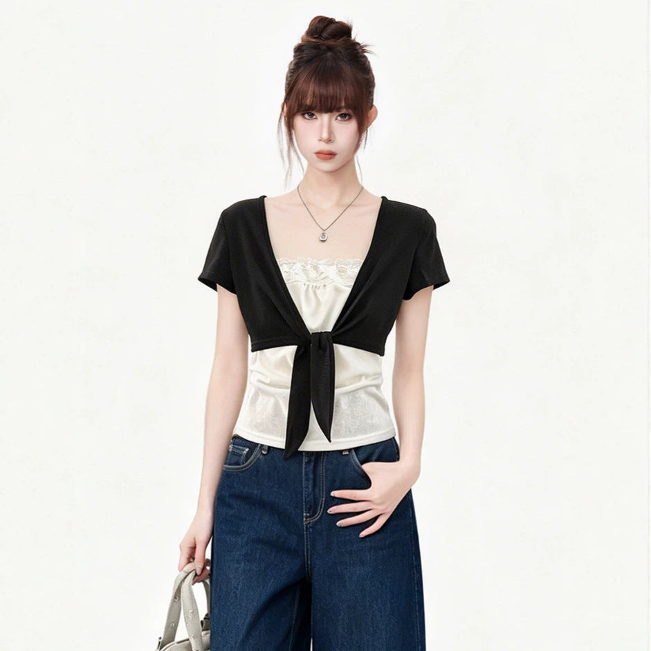 Women Tie Up Short Sleeve Top Slim Fit Color Block Cotton Tee