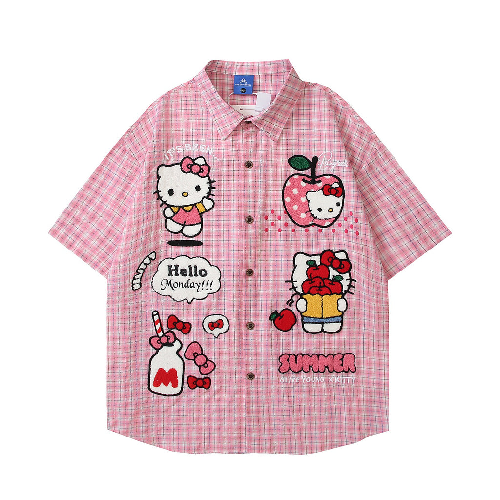 Pink Kitty Embroidered Short Sleeve Shirt Loose Fit With Turn Down Collar