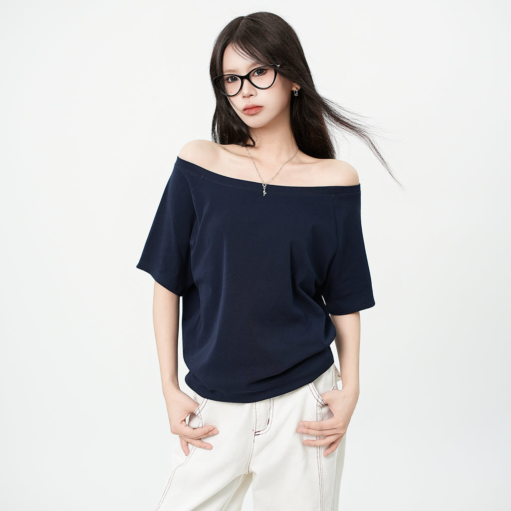 One Shoulder Asymmetrical Patchwork Top Cotton Short Sleeve Relaxed Fit