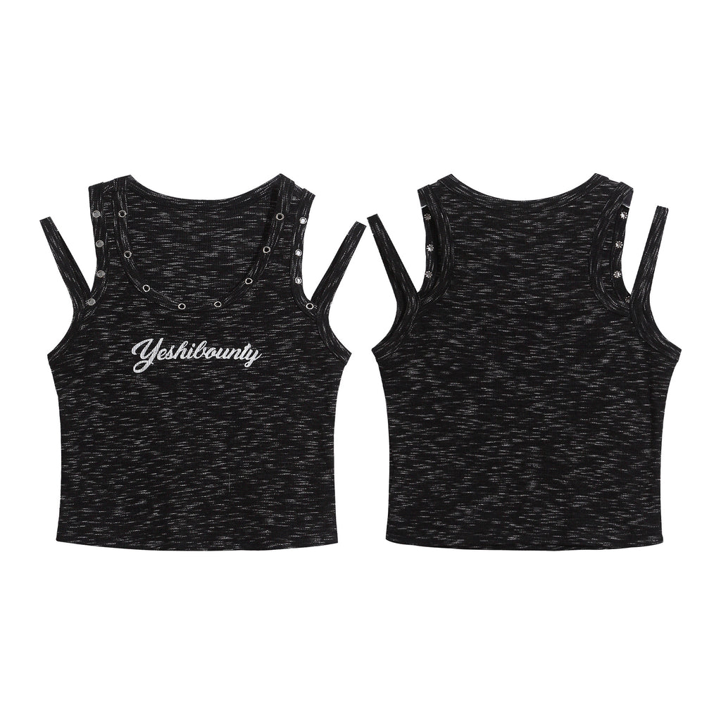 Edgy Hollow Rivet Vest Letter Embroidery Cropped Sleeveless Top