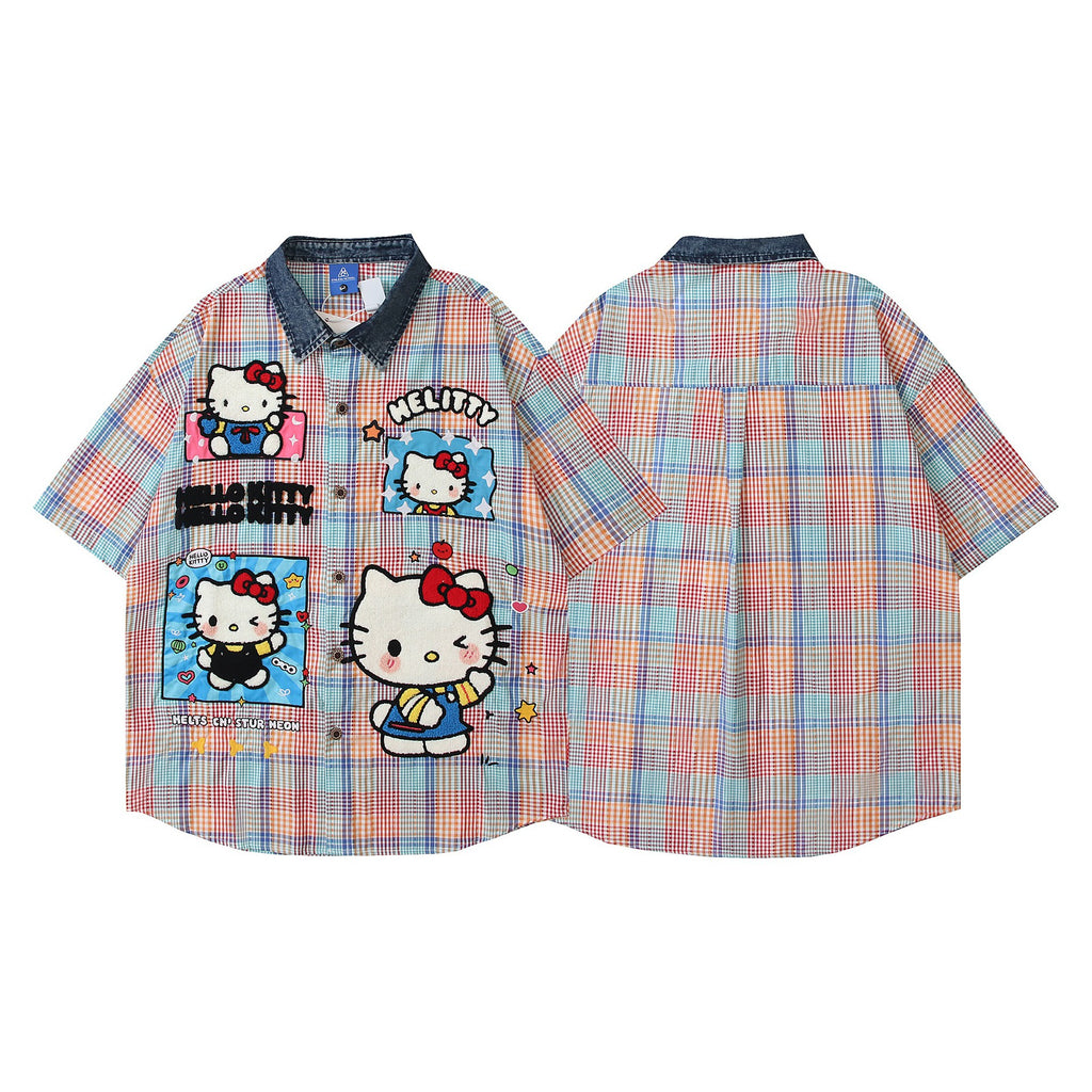 Kitty Plaid Embroidered Short Sleeve Cotton Shirt For Men Pink Casual